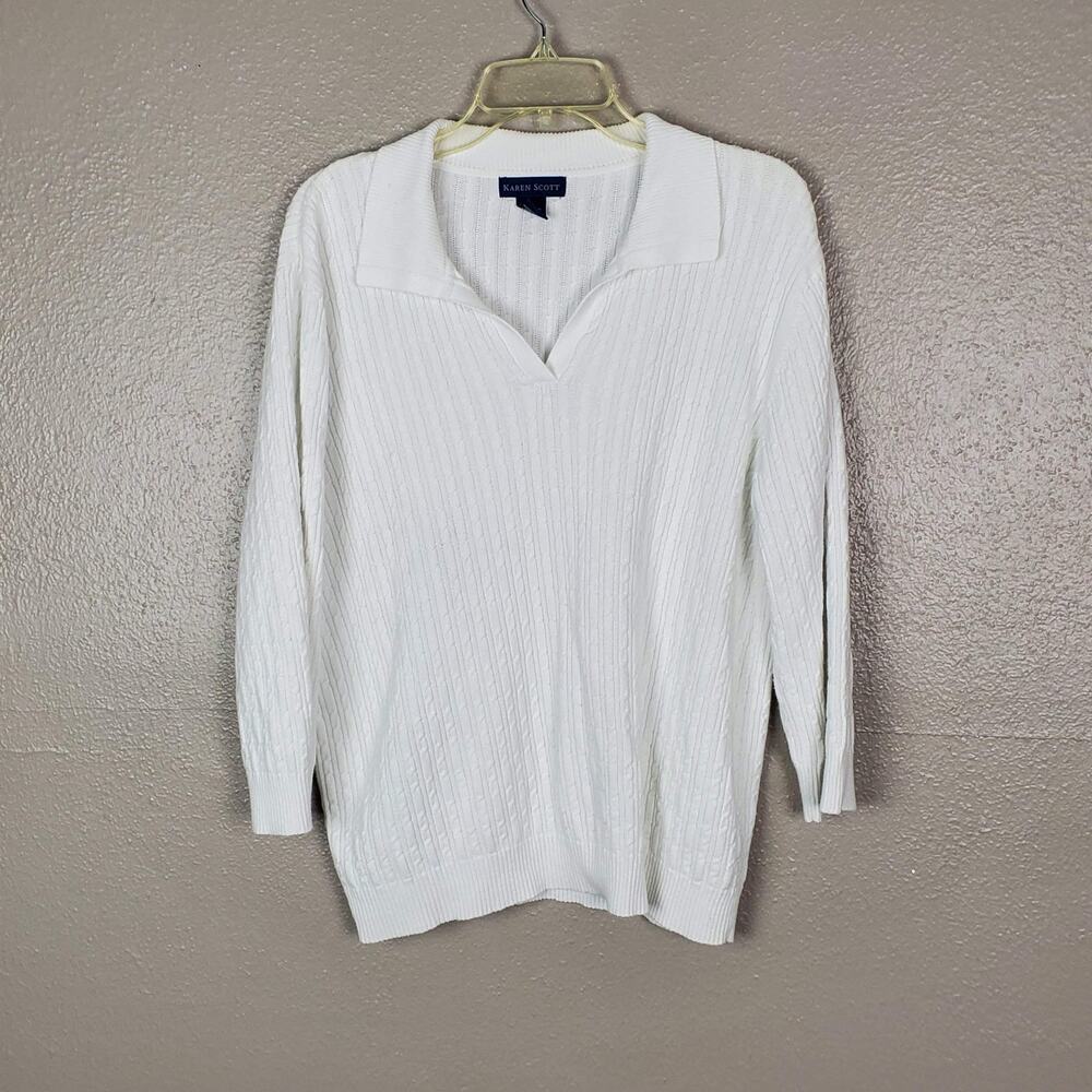 Karen Scott White Cotton Cable Knit 3/4 Sleeve V-Neck Collared Sweater XL